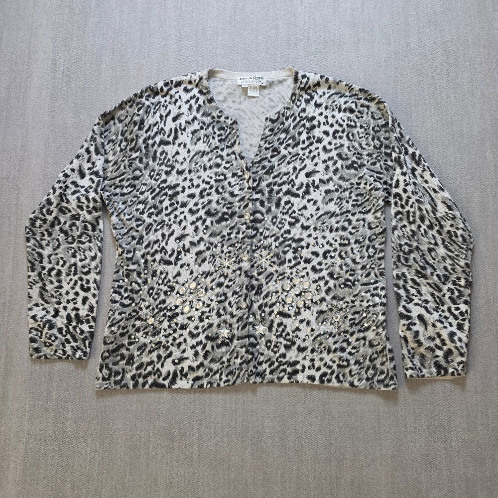Jack B. Quick Cardigan Women XL Gray Leopard Beaded Snowflake Metallic Sweater